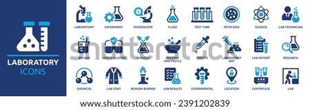 Laboratory icon set. Containing experiment, test tube, microscope, flask, chemical, biology, research, lab and more. Solid vector icons collection.