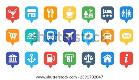 Location map marker icon set. Map pin of restaurant, coffee, park, hotel, airport, bus station and more. Vector illustration.