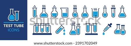 Test tube icon set, different kind of flask, beaker and graduated cylinder. Laboratory glassware symbol collection.