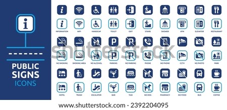 Public signs information icon set. Containing exit, toilet, CCTV, hotel, restaurant, parking, elevator, shower, taxi, bus, bar and more. Solid vector icons collection.