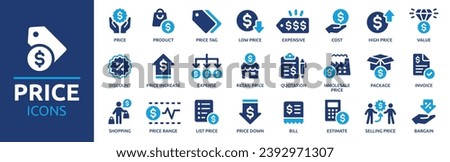 Price icon set. Containing product, price tag, cost, quotation, invoice, estimate, discount and more. Solid vector icons collection.