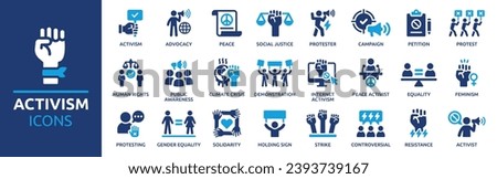 Activism icon set. Containing protest, activist, demonstration, strike, advocacy, petition, human rights. Solid vector icons collection.