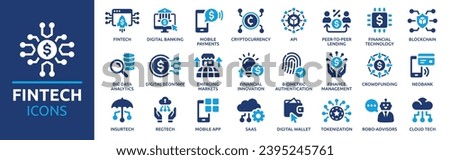 Fintech icon set. Containing digital banking, cryptocurrency, mobile payment, regtech, blockchain, robo-advisors, financial services and more. Vector solid icons collection.