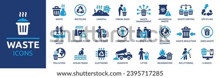 Waste icon set. Containing recycling, litter, trash, pollution, landfill, waste management, composting, waste sorting and more. Solid vector icons collection.