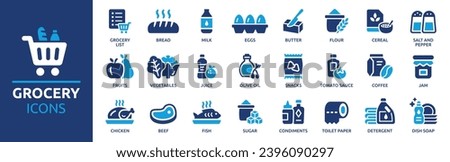 Grocery icon set. Containing milk, eggs, bread, butter, flour, cereals, snacks, toilet paper, detergent and more. Solid vector icons collection.