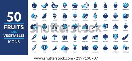 Fruits and vegetables icon set. Containing apple, banana, orange, carrot, grape, strawberry, tomato, watermelon, spinach, broccoli, mango and more. Solid vector icons collection.