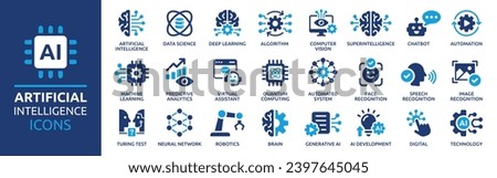 Artificial intelligence icon set. Containing machine learning, data science, AI, virtual assistant, generative AI, technology, Turing test and more. Solid vector icons collection.