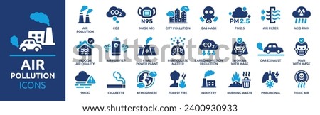 Air pollution icon set. Containing CO2, mask, air filter, PM 2.5, air purifier, car exhaust, indoor air quality, smog and more. Solid vector icons collection.