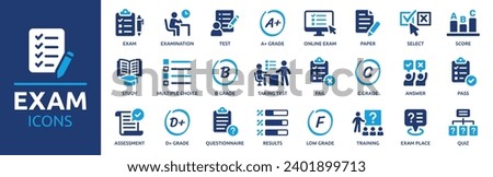 Exam icon set. Containing test, score, quiz, questionnaire, results, pass, online exam and more. Solid vector icons collection.