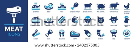 Meat icon set. Containing beef, chicken, steak, cow, fish, ribs, sausage, BBQ, ham and more. Vector solid icons collection.