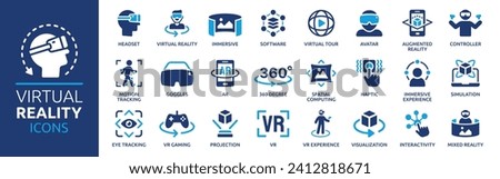 Virtual reality icon set. Containing VR, augmented reality, headset, immersive, mixed reality, AR, 360 degree and more. Solid vector icons collection.