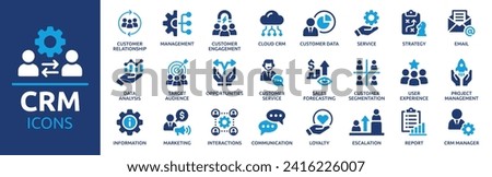 Customer relationship management CRM icon set. Containing marketing, data, report, strategy, manager, audience and more. Solid vector icons collection.