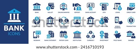 Bank icon set. Containing wallet, online banking, savings, loans, ATM, mortgage, investment, banger and more. Solid vector icons collection.
