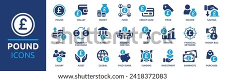 Pound British currency icon set. Containing wallet, coins, GBP, fund, banknote, financial, bank, salary and more. Solid vector icons collection.
