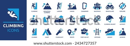 Climbing icon set. Containing climb, mountains, hiking, ladder, rope, alpinist, climber and more. Solid vector icons collection.