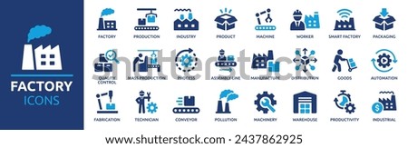 Factory icon set. Containing industry, production, machine, manufacture, warehouse, fabrication, goods and more. Solid vector icons collection.