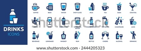 Drinks icon set. Containing water, coffee, tea, drinking, glass, soda, cocktail, bottle, wine, beverage and more. Solid vector icons collection.