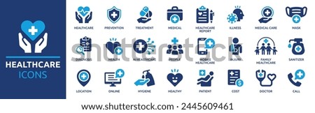Healthcare icon set. Containing treatment, prevention, medical, health, diagnosis, report, illness, injury and more. Solid vector icons collection. 