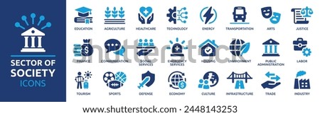 Sector of society icon set. Containing agriculture, education, healthcare, energy, technology, transportation, arts, justice and more. Solid vector icons collection. 