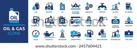 Oil and Gas icon set. Containing fuel, refinery, petroleum, oil well, gas pump, offshore platform, lubricant, oil barrel and more. Solid vector icons collection.