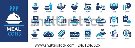 Meal icon set. Containing food, lunch, eat, dinner, pasta, rice, pizza, salad, soup, breakfast and more. Vector solid icons collection.