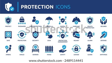 Protection icon set. Containing safe, shield, lock, security, alarm, umbrella, guard, fence and more. Solid vector icons collection.