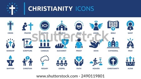 Christianity icon set. Containing cross, church, bible, priest, prayer, Christian, baptism, Jesus and more. Solid vector icons collection.