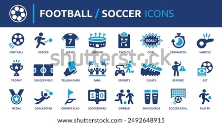 Football and soccer icon set. Containing jersey, soccer field, stadium, referee, goal, trophy, dribble, player and more. Solid vector icons collection.