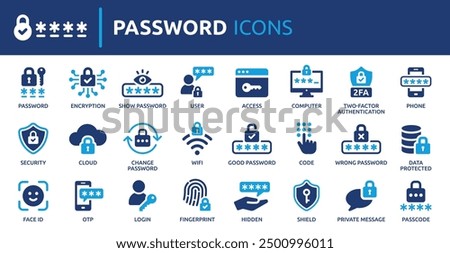 Password icon set. Containing login, access, secure, passcode, encryption, code, 2FA, fingerprint and more. Solid vector icons collection.