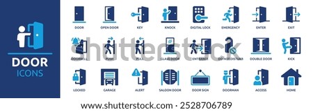 Door icon set. Containing enter, exit, doorbell, knock, open door, home, closed door, pull and push symbol. Solid icons vector collection.