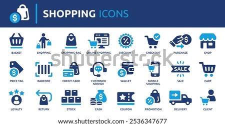 Shopping icon set. Containing basket, shopping cart, discount, online shopping, sale, client, delivery, wallet and shop. Solid vector icons collection.