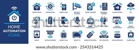 Home automation icon set. Containing smart home, voice control, IoT, smart TV, security camera, climate control, voice assistant, smart light and smart hub. Solid vector icons collection.