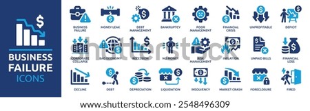 Business failure icon set. Containing bankruptcy, financial crisis, money leak, debt, no money, recession, unpaid bills and more. Solid vector icons collection.