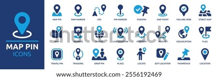 Map pin icon set. Containing location, map marker, address, position, tracking, geolocation, place and more. Solid vector icons collection.