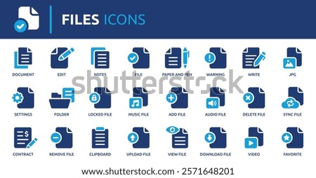 Files icon set. Containing document, notes, edit, write, folder, contract, add file, JPG and more. Solid vector icons collection.