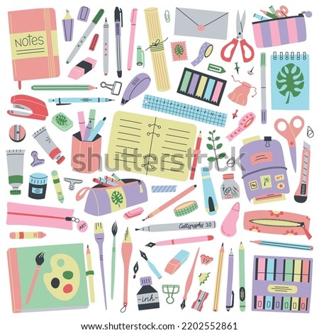 Modern stationary colored items set, various brush and calligraphy pens, notebooks and sketchbooks, doodle supplies collection, isolated colored objects on white background, vector illustrations