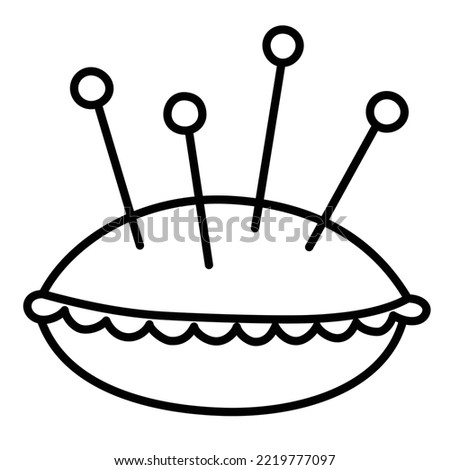 Pincushion doodle icon, vector illustration of round pin cushion with pins, needlework accessories, tailor supplies, handiwork concept, isolated outline clipart on white background