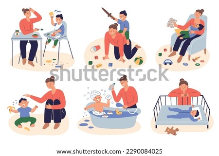 Mother taking care of toddler son, mom and child interactions, hand drawn scenes set on parenting, day routine with baby, maternity leave, colored vector illustrations of bathing and feeding a kid