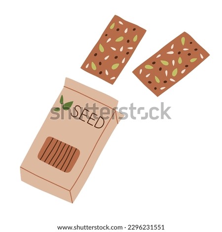 Seed crackers icon, vector doodle illustration of store bought box with healthy vegan crisps, nutritious gluten-free snack, good for breakfast, isolated colored clipart on white background