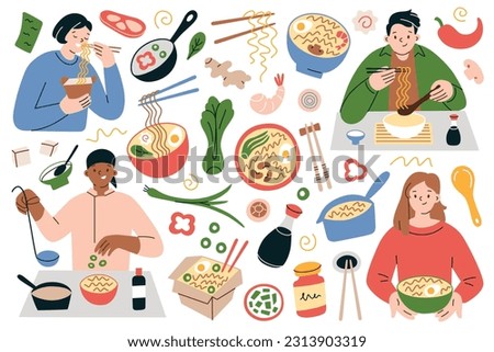 Ramen hand drawn collection, bowls with asian noodles, people eating noodle soup with chopsticks, chinese noodles in box container, korean and japanese food, cooking ramen, flat vector illustrations