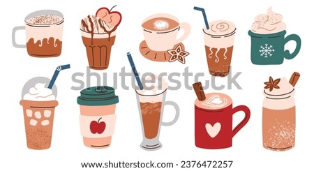 Cups with coffee and hot chocolate, winter mugs, glasses and cups hand drawn collection, doodle icons of hot beverages for holidays, christmas set, vector illustrations of latte with cinnamon, anise