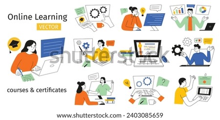 Online education compositions, people learning on computer, distant courses scene collection, vector illustrations of students taking classes on business professions, internet exams and webinars 