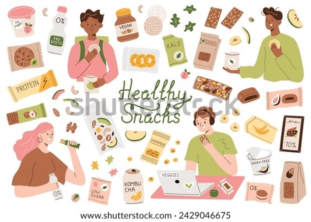 Healthy snacks, people eating granola bars and dried fruit, vegans with organic food, protein desserts, sugar free snack, natural health diet, vector illustrations of cartoon characters