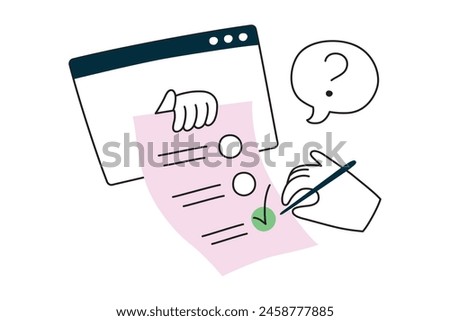 Online test composition, computer screen with hand holding paper, checkmarks icons, vector illustration of choosing right answer, exam on internet, school or college education, marking correct answer