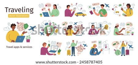 Tourists planning trip set, set of traveling compositions, characters booking flight, hotel, travelers scenes collections, vector illustrations of vacation insurance, mobile apps, services for journey