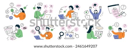 Students passing exams, tests in college, choosing answers on laptop. Distant education. Set of compositions with questions and checkboxes, colored vector illustrations of cartoon people