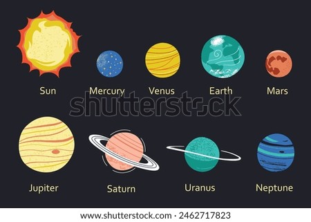 Solar system collection, doodle icons of planets Mars, Earth, Venus and Jupiter, vector illustrations of Uranus and Neptune, astronomy book for children, science poster, educational infographic