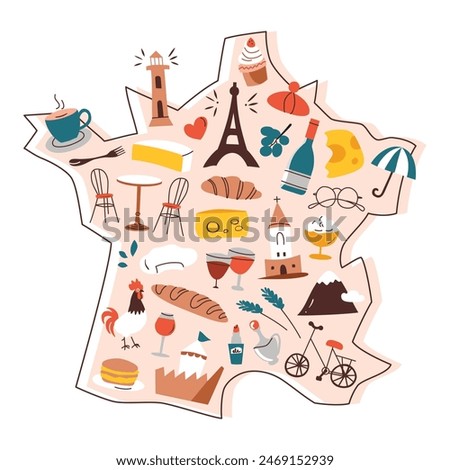 France map with doodles, french national symbols on country shape, travelling to Paris, Eifel tower vector illustration, geography cartoon composition for poster, brochure, and childrens book