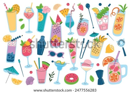 Summer drinks and cocktails set, cold alcohol beverages with ice, bar menu collection, mocktails and lemonades doodles set, vector illustrations of sorbet drink, watermelon soda, trendy mocktails