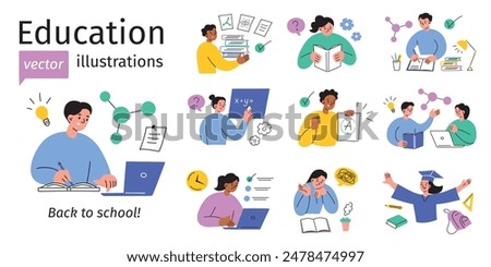 Education vector illustrations, set of school children and teachers. Studying, exams, homework, classroom activities. Students reading, writing, doing science, math. Back to school collection